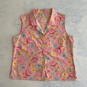 Dress Barn Pink Fruit & Floral Print Retro Preppy Sleeveless Blouse